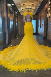 V Neck Yellow Feather Trumpet Mermaid Semi Formal Prom Dress